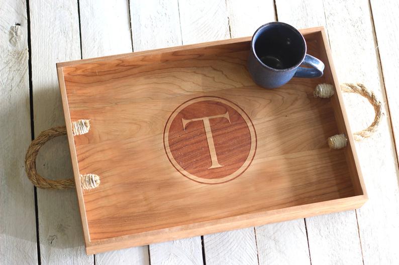 Personalized Circle Serving Tray Initial Gerber Wood Products